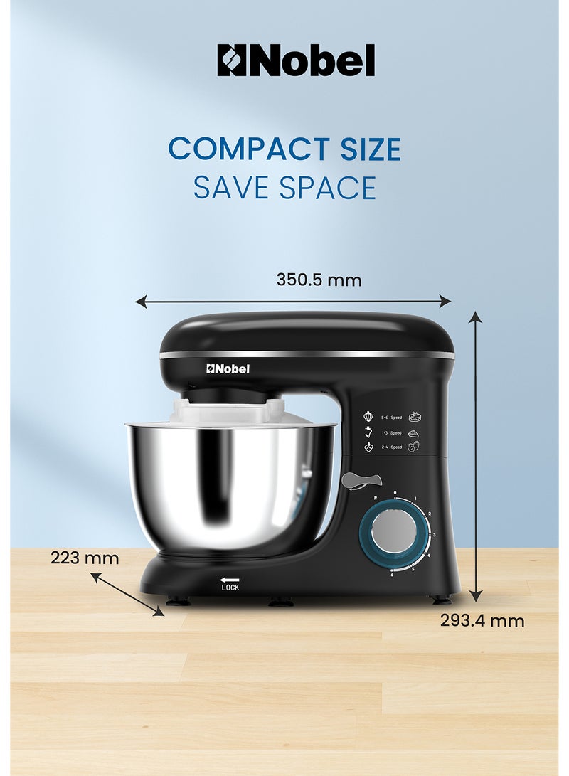 Nobel - Stand Mixer, Full Metal Gear System, 4L Stainless Steel Bowl - 6 Speeds, LED, Safety Switch, Anti-slip Feet 4 L 800 W NBM60 Black - Image 1