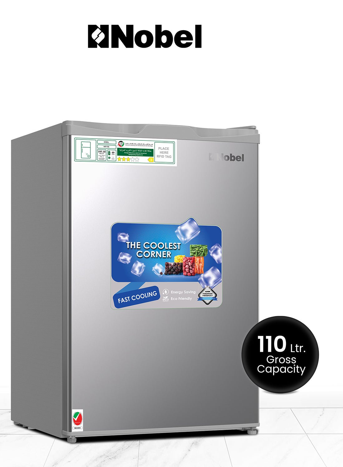 Nobel 110L Gross / 69L Net Capacity Refrigerator, Mechanical Control, R600a Refrigerant, Noise Level 40dB, Inside Light, Adjustable Feet, Metal Shelf, Defrost 70 L NR110S Silver 