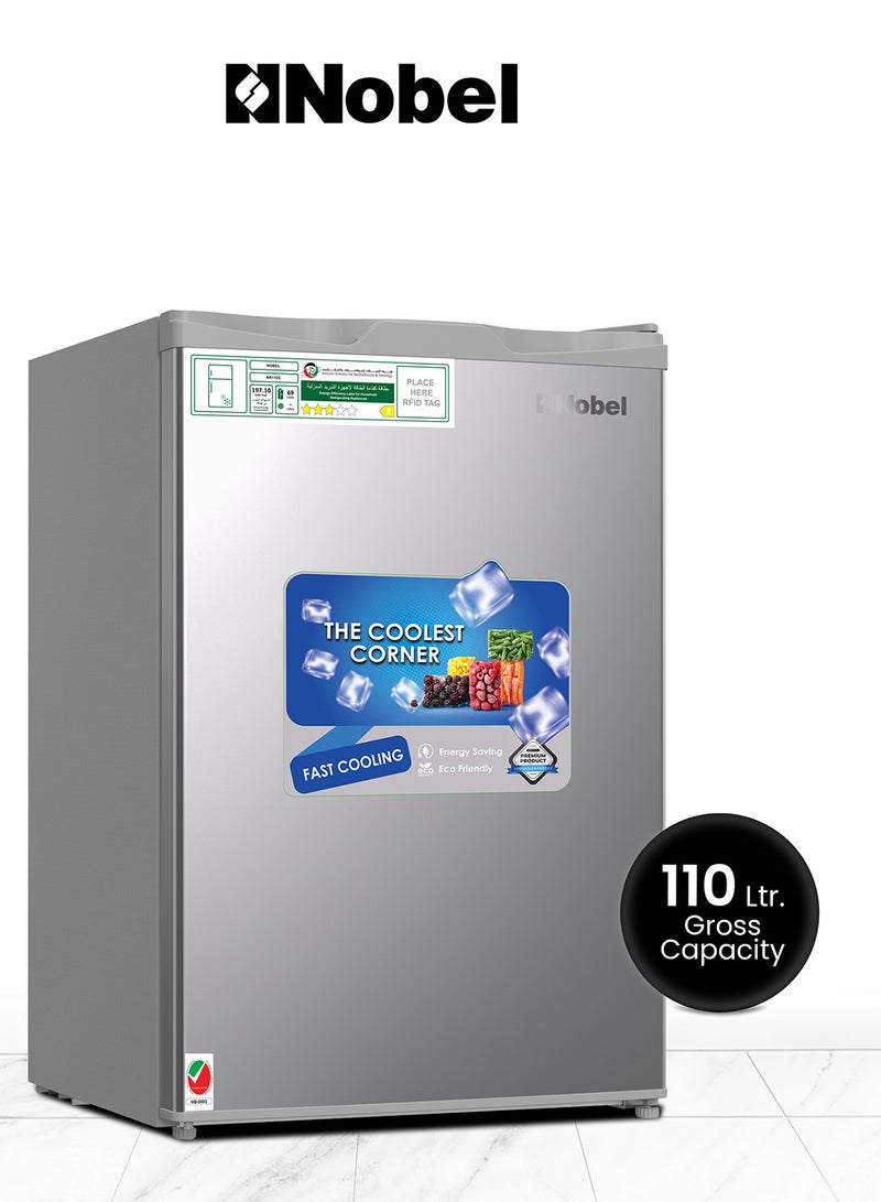 Nobel 110L Gross / 69L Net Capacity Refrigerator, Mechanical Control, R600a Refrigerant, Noise Level 40dB, Inside Light, Adjustable Feet, Metal Shelf, Defrost NR110S Silver  - Image 1