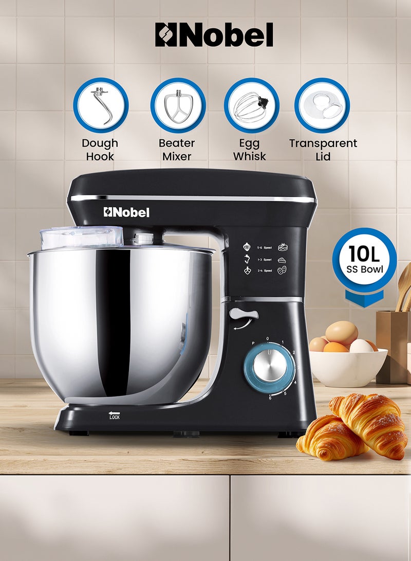 Nobel Stand Mixer with 10 Litres Stainless Steel Bowl, Full Copper Motor, 6 Speeds with Pulse Function, LED Indicator, Safety Lock, Anti Slip Feet 10 L 1100 W NBM120 Black  - Image 1