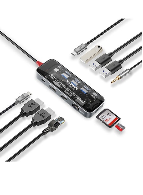 Promate USB-C™ Hub, 11-in-1 Multi-Display Hub with Dual 4K HDMI, 4K DisplayPorts, Ultra-Fast 1000Mbps LAN, AUX, SD/TF Card Slot, USB Ports, Efficient 100W USB-C™ Power Delivery, TransHub-Pro Black
