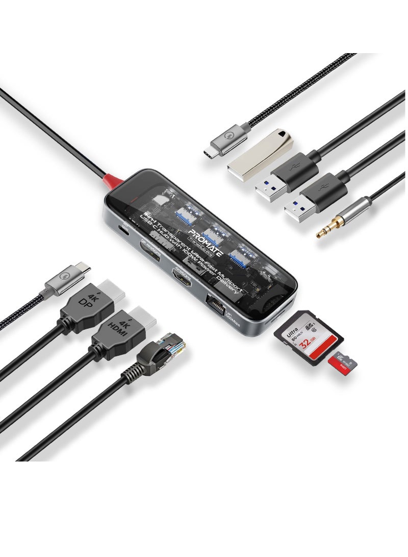 PROMATE - Promate USB-C™ Hub, 11-in-1 Multi-Display Hub with Dual 4K HDMI, 4K DisplayPorts, Ultra-Fast 1000Mbps LAN, AUX, SD/TF Card Slot, USB Ports, Efficient 100W USB-C™ Power Delivery, TransHub-Pro Black - Image 1