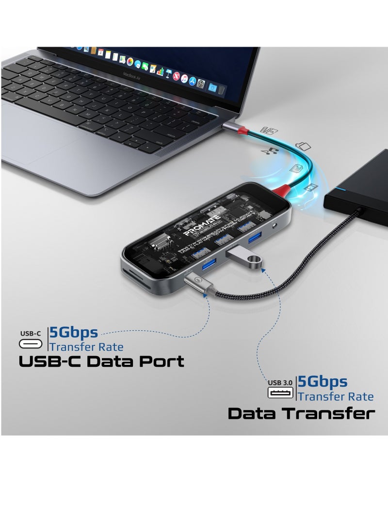PROMATE - Promate USB-C™ Hub, 11-in-1 Multi-Display Hub with Dual 4K HDMI, 4K DisplayPorts, Ultra-Fast 1000Mbps LAN, AUX, SD/TF Card Slot, USB Ports, Efficient 100W USB-C™ Power Delivery, TransHub-Pro Black - Image 1