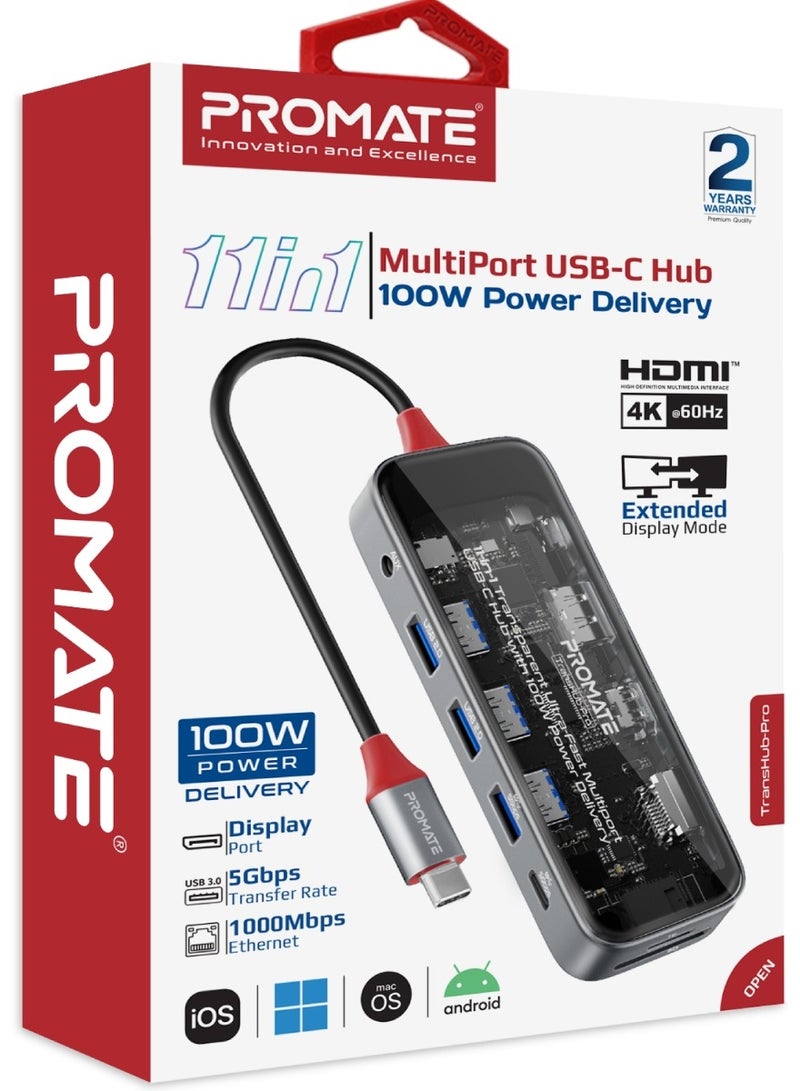 PROMATE - Promate USB-C™ Hub, 11-in-1 Multi-Display Hub with Dual 4K HDMI, 4K DisplayPorts, Ultra-Fast 1000Mbps LAN, AUX, SD/TF Card Slot, USB Ports, Efficient 100W USB-C™ Power Delivery, TransHub-Pro Black - Image 1