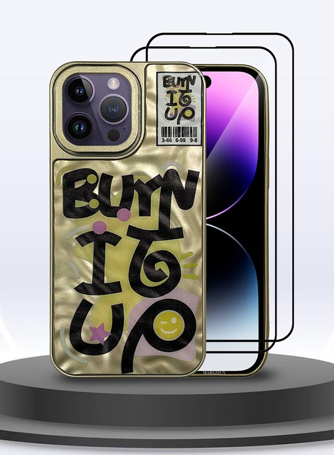 3 Pack For iPhone 14 Pro Max Case Cover And 2 Screen Protectors Letter Phone Case Creative Soft Back New Design Shell Durable And Fashionable Case/Burn It Up Yellow