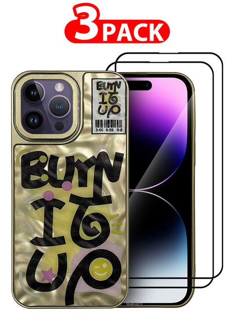 3 Pack For iPhone 14 Pro Max Case Cover And 2 Screen Protectors Letter Phone Case Creative Soft Back New Design Shell Durable And Fashionable Case/Burn It Up Yellow