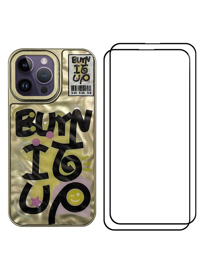 3 Pack For iPhone 14 Pro Max Case Cover And 2 Screen Protectors Letter Phone Case Creative Soft Back New Design Shell Durable And Fashionable Case/Burn It Up Yellow