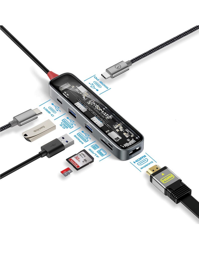 بروميت - موزع USB-C من بروميت، موزع متعدد الشاشات 7 في 1 شفاف ممتاز مع 4K HDMI، فتحة بطاقة SD/TF عالية السعة 2 تيرابايت، منافذ USB-A مزدوجة 5 جيجابت في الثانية، 100 واط USB-C PD وUSB -منفذ بيانات C، TransHub-Lite أسود - Image 1