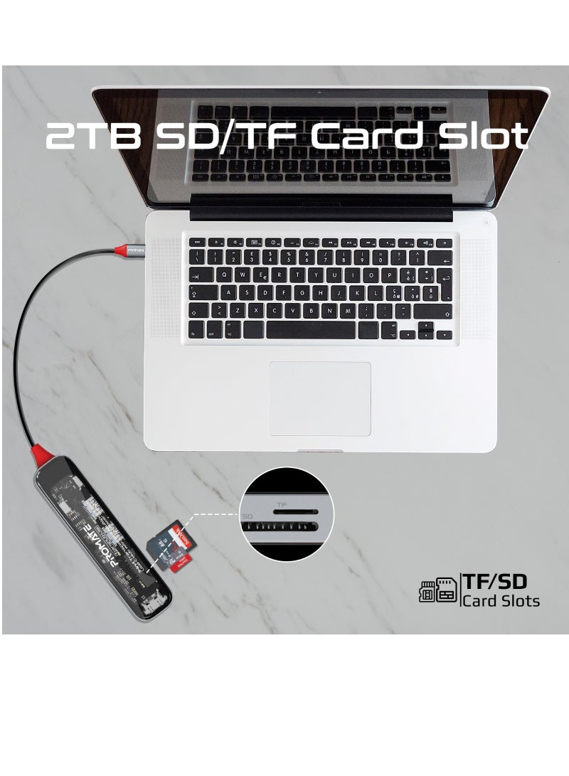 بروميت - موزع USB-C من بروميت، موزع متعدد الشاشات 7 في 1 شفاف ممتاز مع 4K HDMI، فتحة بطاقة SD/TF عالية السعة 2 تيرابايت، منافذ USB-A مزدوجة 5 جيجابت في الثانية، 100 واط USB-C PD وUSB -منفذ بيانات C، TransHub-Lite أسود - Image 1