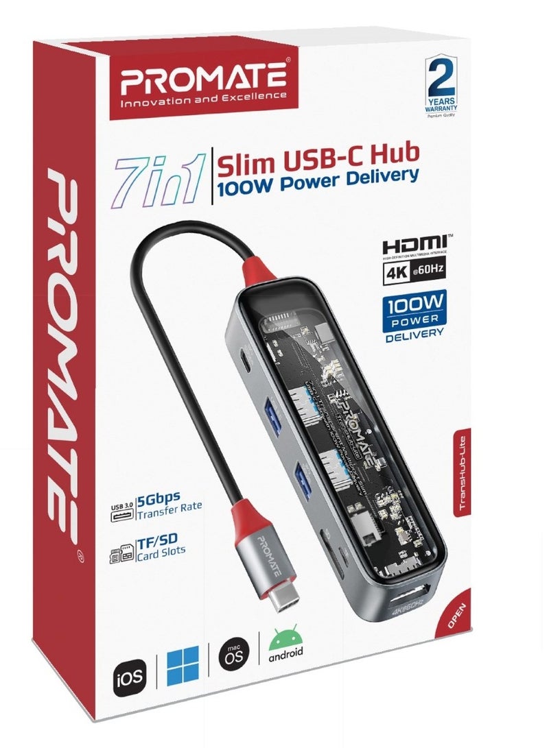 بروميت - موزع USB-C من بروميت، موزع متعدد الشاشات 7 في 1 شفاف ممتاز مع 4K HDMI، فتحة بطاقة SD/TF عالية السعة 2 تيرابايت، منافذ USB-A مزدوجة 5 جيجابت في الثانية، 100 واط USB-C PD وUSB -منفذ بيانات C، TransHub-Lite أسود - Image 1
