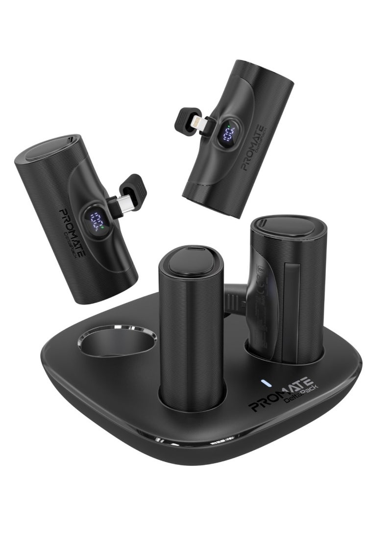 PROMATE - 5000 mAh 5000 mAh 4-piece Power Bank Kit With 5000Mah Ultra-compact Chargers, USB-C And Lightning PD  Connectors, Led Screen, Cable-free, Foldable Kickstand, And Multi-safety Systems, For iPhone 16, Deltapack - Black - Image 1