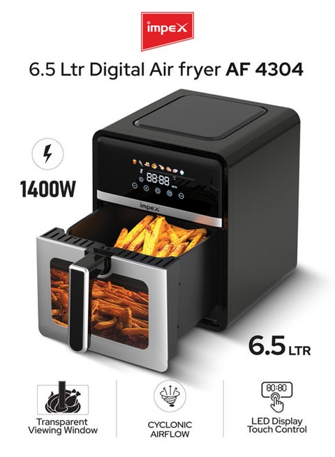 6.5L Digital Air Fryer | 1400W Cyclonic Airflow | Smart LED Display with Transparent Viewing Window | 8 Preset Menus, Non-Stick Basket, Adjustable Temperature, Overheat Protection | Large Basket Capacity | AF4304 6.5 L 1400 W AF 4304 Black/Silver