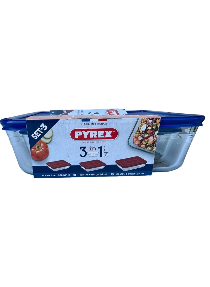 PYREX 3 Pieces Rectangular Food Cook Storage Container With Glass Lid 1.5+0.8+2.6Liters - Image 4