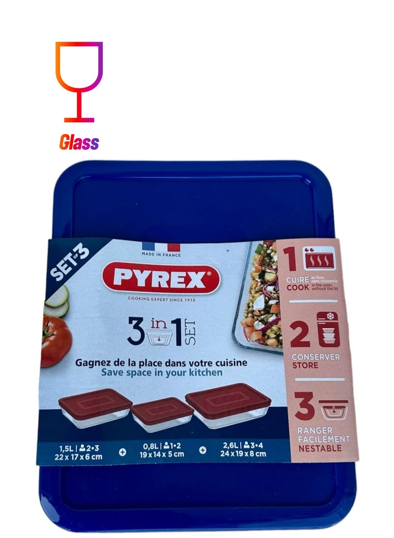 PYREX 3 Pieces Rectangular Food Cook Storage Container With Glass Lid 1.5+0.8+2.6Liters - Image 1