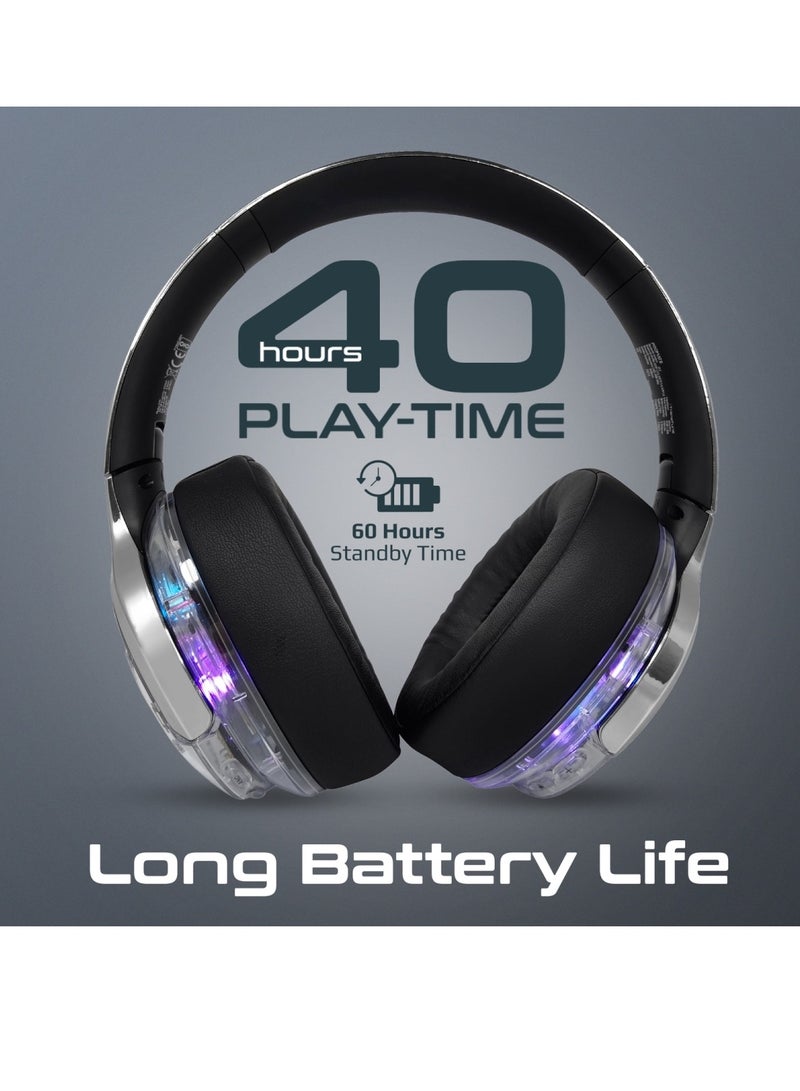 Wireless Headphones, Hi-fidelity Transparent ANC Headset With Rgb Lights, Mic, Foldable Design, 40H Playtime, 600Mah Battery, And 3.5mm Jack For iPhone 16, Galaxy S25, Transtune - Silver