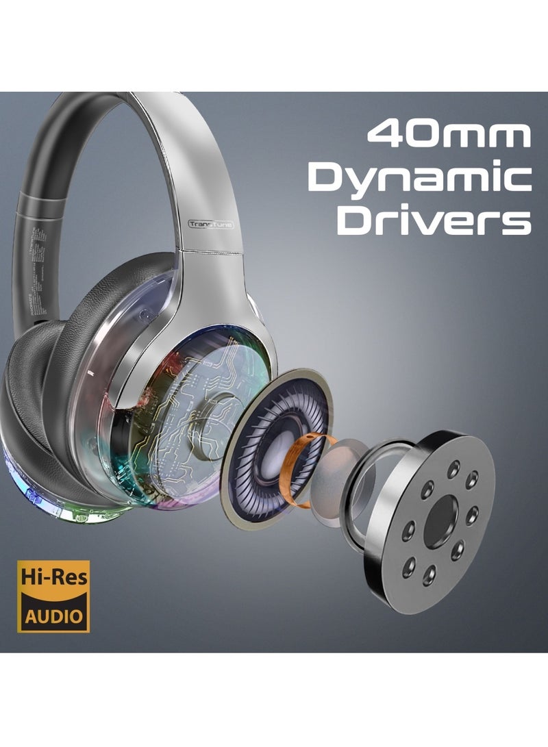 PROMATE Wireless Headphones, Hi-fidelity Transparent ANC Headset With Rgb Lights, Mic, Foldable Design, 40H Playtime, 600Mah Battery, And 3.5mm Jack For iPhone 16, Galaxy S25, Transtune - Silver  - Image 2