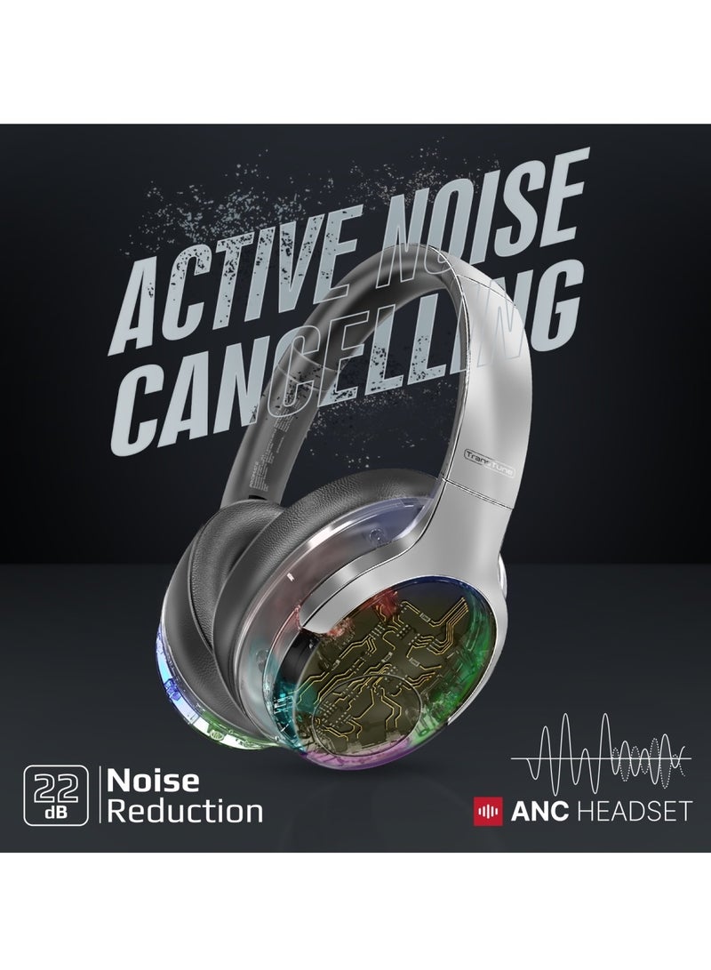 PROMATE Wireless Headphones, Hi-fidelity Transparent ANC Headset With Rgb Lights, Mic, Foldable Design, 40H Playtime, 600Mah Battery, And 3.5mm Jack For iPhone 16, Galaxy S25, Transtune - Silver  - Image 5