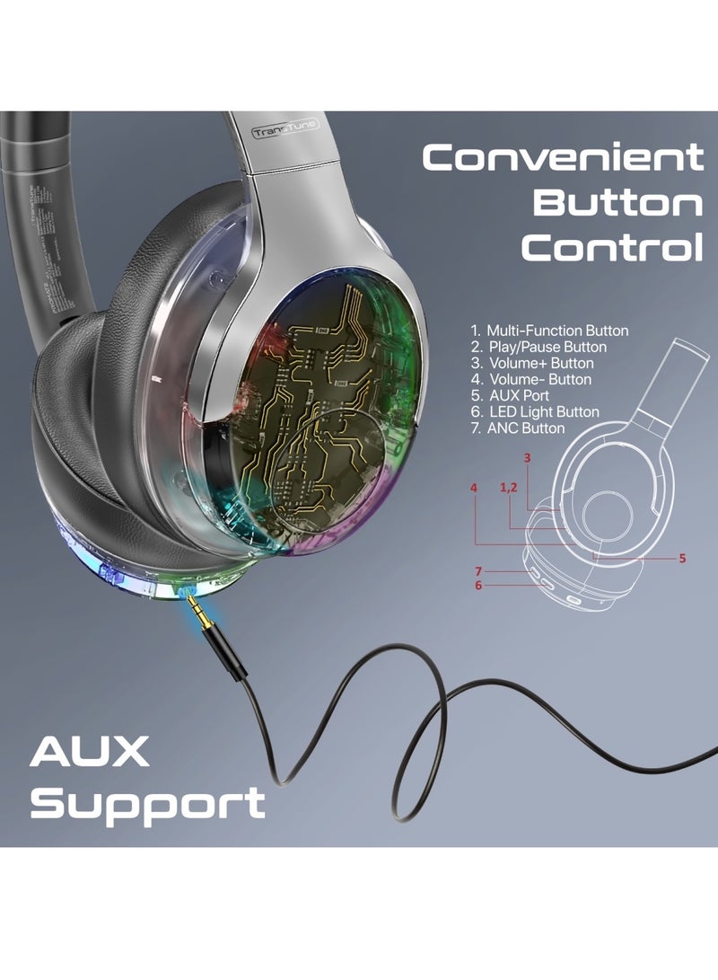 Wireless Headphones, Hi-fidelity Transparent ANC Headset With Rgb Lights, Mic, Foldable Design, 40H Playtime, 600Mah Battery, And 3.5mm Jack For iPhone 16, Galaxy S25, Transtune - Silver