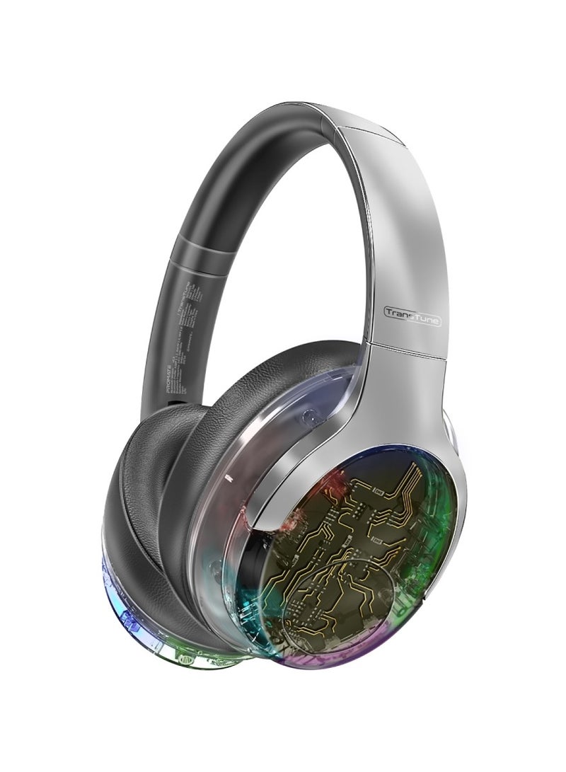 PROMATE Wireless Headphones, Hi-fidelity Transparent ANC Headset With Rgb Lights, Mic, Foldable Design, 40H Playtime, 600Mah Battery, And 3.5mm Jack For iPhone 16, Galaxy S25, Transtune - Silver  - Image 1