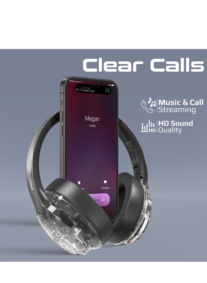 Wireless Headphones, Hi-fidelity Transparent ANC Headset With Rgb Lights, Mic, Foldable Design, 40H Playtime, 600Mah Battery, And 3.5mm Jack For iPhone 16, Galaxy S25, Transtune - Silver