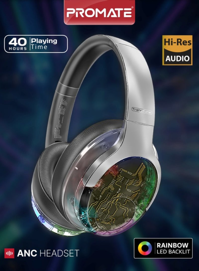 PROMATE Wireless Headphones, Hi-Fidelity Transparent Anc Headset With Rgb Lights, Mic, Foldable Design, 40H Playtime, 600mAh Battery, And 3.5Mm Jack For iPhone 17, Galaxy S25, Transtune - Silver - Image 1