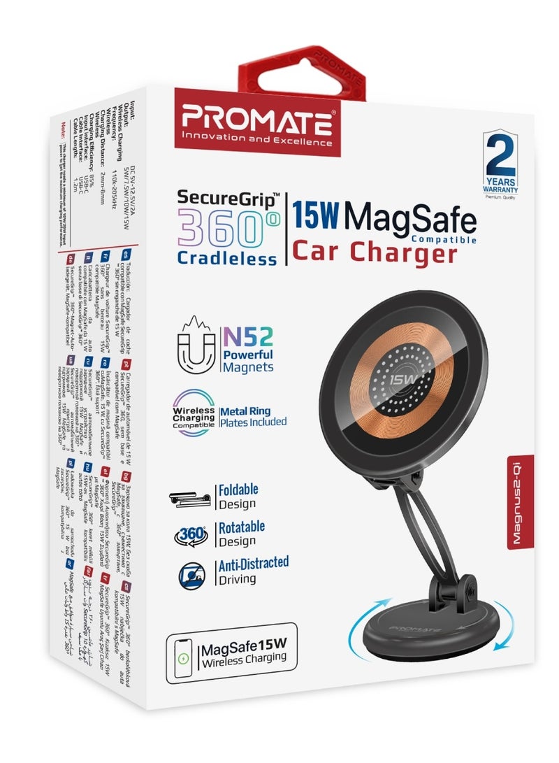 PROMATE - Magnetic Wireless Car Charger With Ultra-Fast MagSafe Transparent Charger 15W And 360 Degree Rotation Height Adjustment Black - Image 1