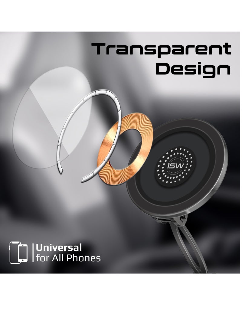 PROMATE - Magnetic Wireless Car Charger With Ultra-Fast MagSafe Transparent Charger 15W And 360 Degree Rotation Height Adjustment Black - Image 1