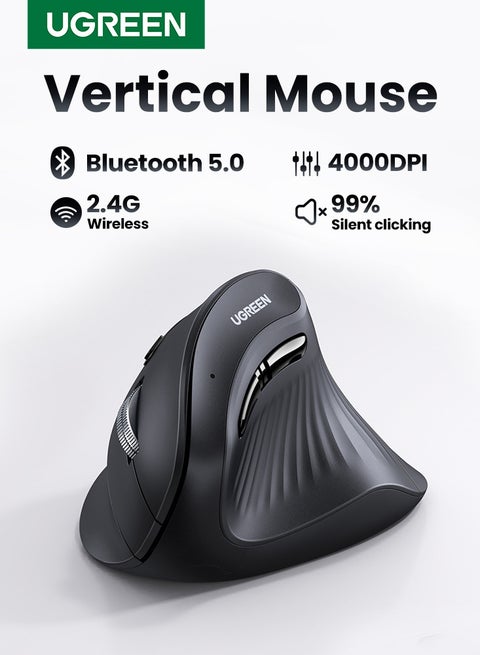 3000 mAh Vertical Ergonomic Mouse, Bluetooth, Wireless Mouse With USB Receiver, Quiet Clicks, 1000/1600/2000/4000 DPI, 5 Buttons For Laptop, Desktop, PC, Macbook Black