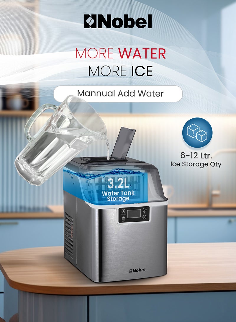 Nobel Ice Cube Maker, 3.2L Water Tank, 20-25 kg Daily Ice Capacity, Rapid 24 Ice Cubes in 15-20 Mins, Touch Button LCD Display, Infrared Sensor, Ice Full Indicator, Flip-up Door, Premium Stainless Steel 25 kg 100 W NIM27 Grey  - Image 2