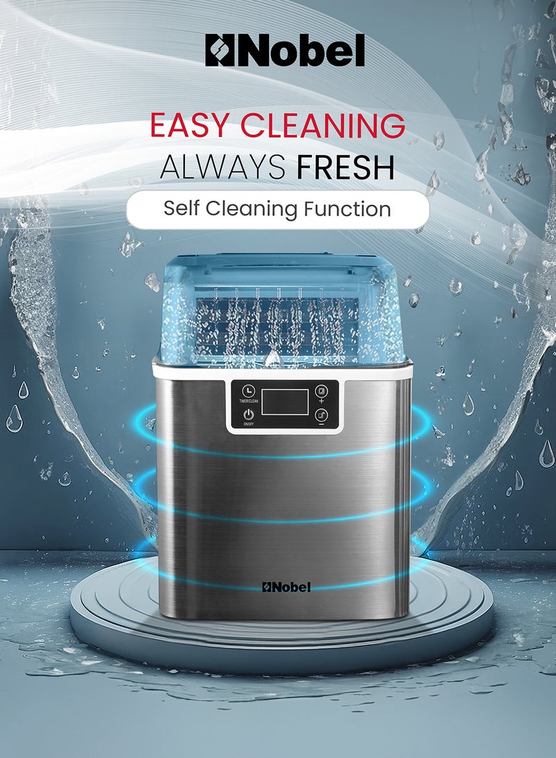 Nobel Ice Cube Maker, 3.2L Water Tank, 20-25 kg Daily Ice Capacity, Rapid 24 Ice Cubes in 15-20 Mins, Touch Button LCD Display, Infrared Sensor, Ice Full Indicator, Flip-up Door, Premium Stainless Steel 25 kg 100 W NIM27 Grey  - Image 4