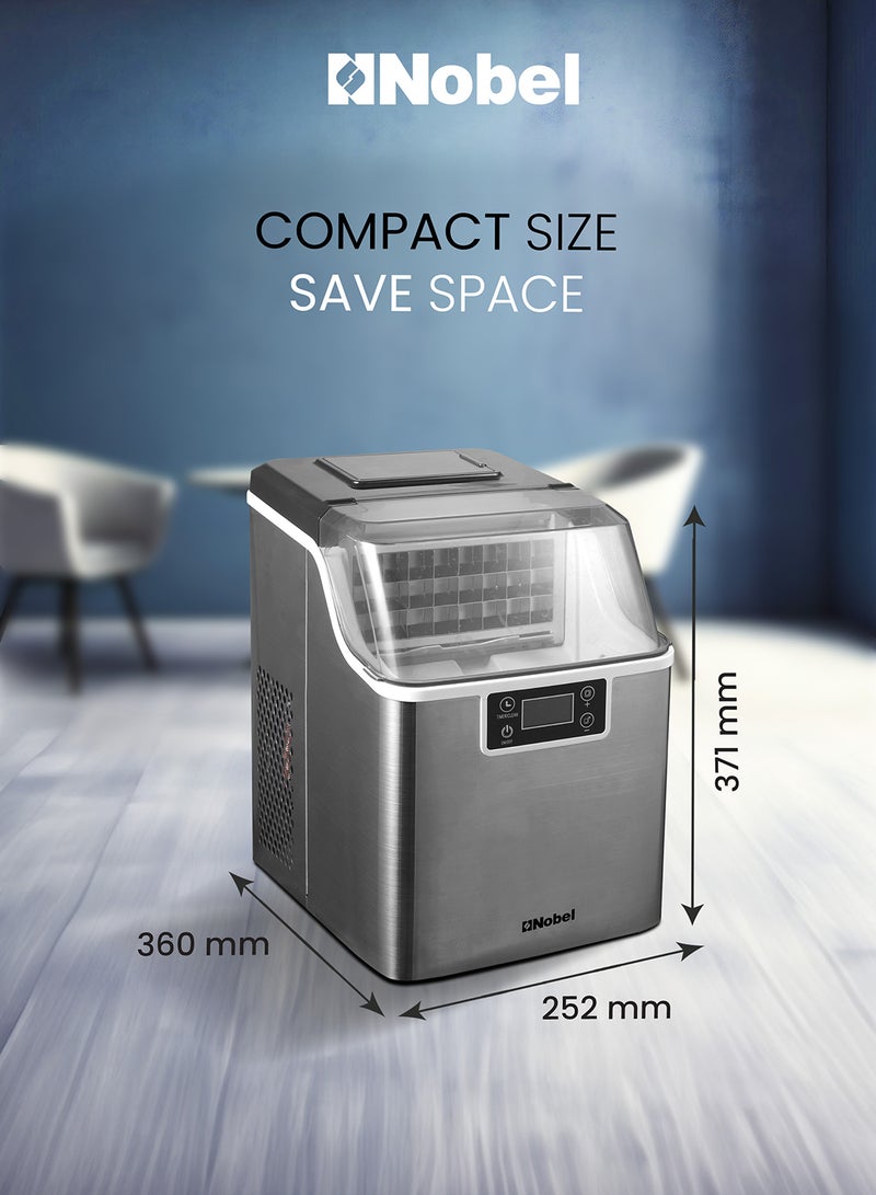 Nobel - Ice Cube Maker, 3.2L Water Tank, 20-25 kg Daily Ice Capacity, Rapid 24 Ice Cubes in 15-20 Mins, Touch Button LCD Display, Infrared Sensor, Ice Full Indicator, Flip-up Door, Premium Stainless Steel 25 kg 100 W NIM27 Grey - Image 1