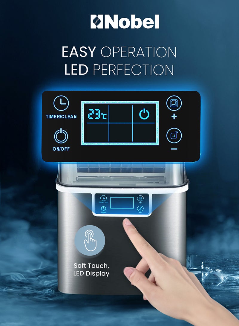 Nobel - Ice Cube Maker, 3.2L Water Tank, 20-25 kg Daily Ice Capacity, Rapid 24 Ice Cubes in 15-20 Mins, Touch Button LCD Display, Infrared Sensor, Ice Full Indicator, Flip-up Door, Premium Stainless Steel 25 kg 100 W NIM27 Grey - Image 1