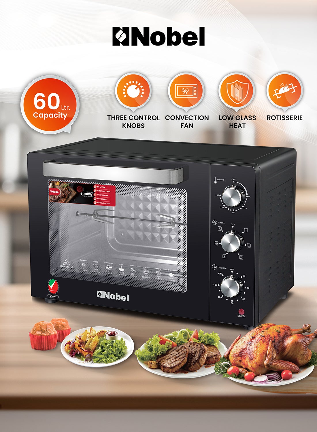 Nobel Electric Oven 60L Capacity, Inner Lamp, Knobs Control, Stainless Steel, Timer 60 L 1900 W NEO60PRO Black 