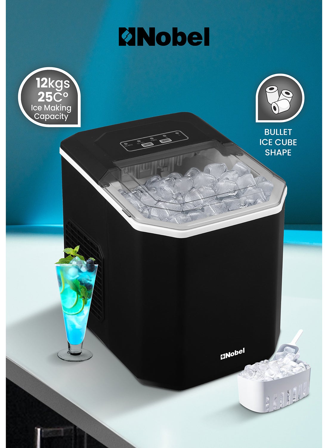 Ice Maker, 12Kgs 25°C Ice Capacity Daily, 1.3L Water Tank Storage, Bullet Ice Cube Shape, Water Shortage Indicator,Infrared Sensor, LED Display, R600a Refrigerant 12 kg 100 W NIM15S Black 