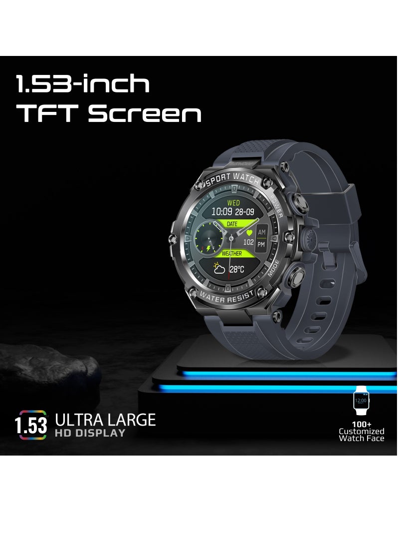 PROMATE - 800 mAh Fitness Tracker, Round-Screen Bluetooth 5.1 Smartwatch with 1.53” TFT Display, Speaker, E-Card Sharing, 80-Day Battery and IP67 Sweat Resistance, XWatch-R19 Grey - Image 1