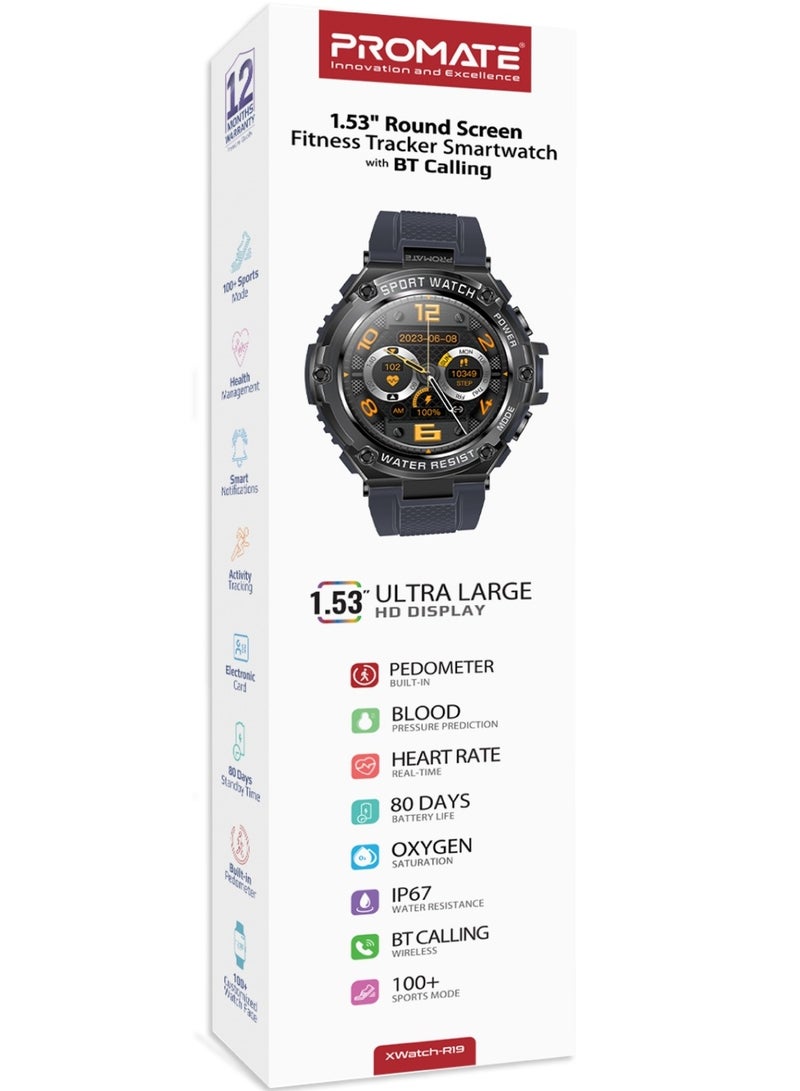 PROMATE - 800 mAh Fitness Tracker, Round-Screen Bluetooth 5.1 Smartwatch with 1.53” TFT Display, Speaker, E-Card Sharing, 80-Day Battery and IP67 Sweat Resistance, XWatch-R19 Grey - Image 1