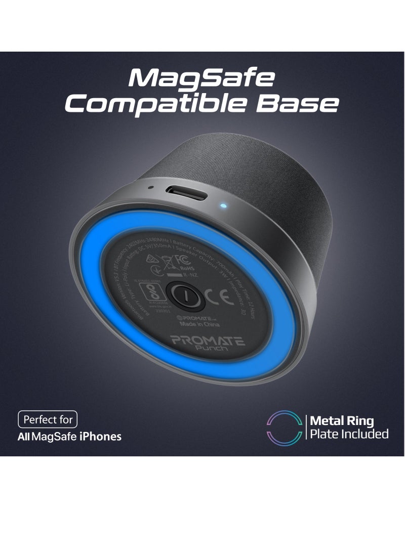 Bluetooth Magnetic Base Speaker, Premium 3W True Wireless Portable Speaker with HD Sound, 40mm Dynamic Drivers, Long-Lasting 12H Playtime, and Bluetooth V5.3, Punch Black