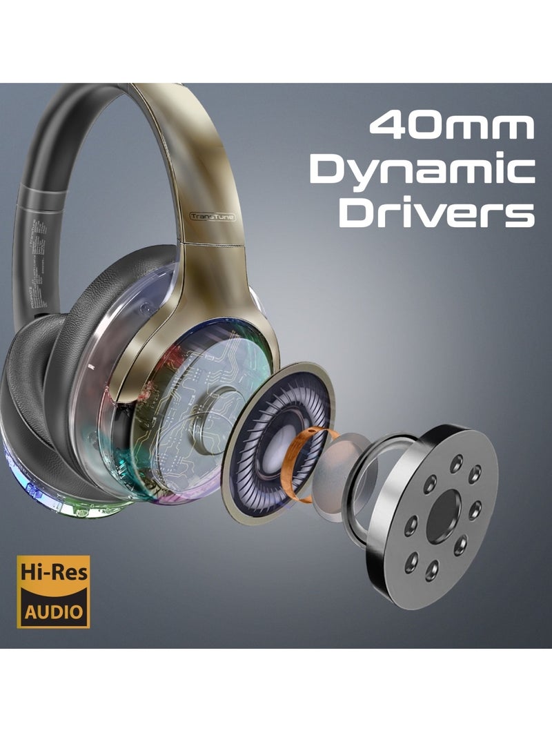 PROMATE Wireless Headphones, Hi-fidelity Transparent ANC Headset With Rgb Lights, Mic, Foldable Design, 40H Playtime, 600Mah Battery, And 3.5Mm Jack For iPhone 16, Galaxy S25, Transtune - Gunmetal  - Image 2