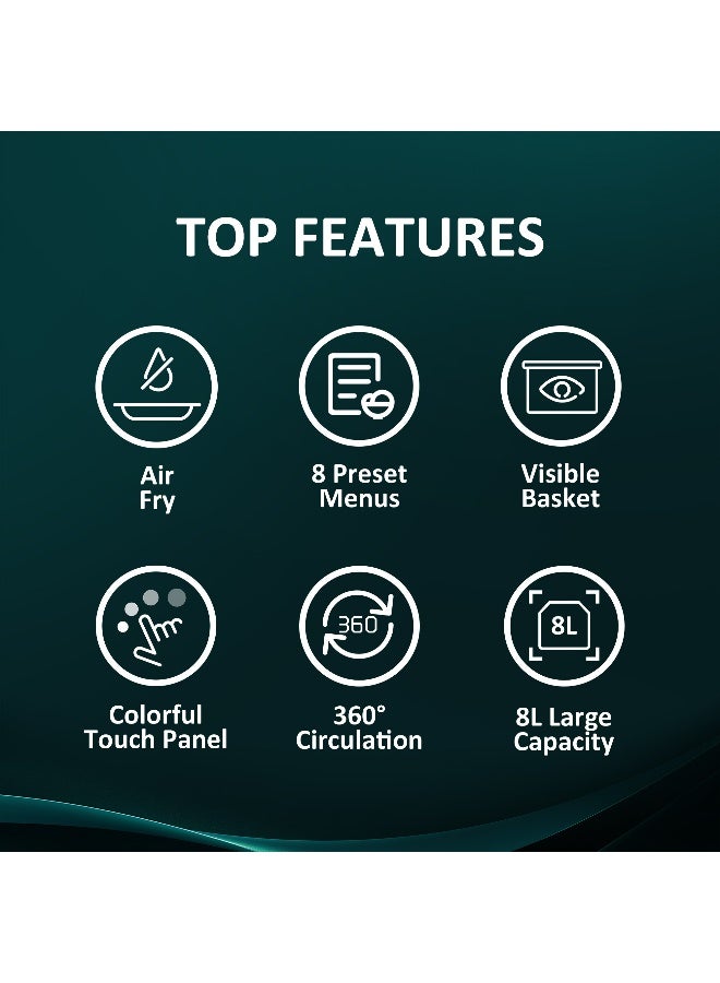Hisense 8L Air Fryer, 8 Present Menus, Visible Basket, Colour Touch Panel, 360°Circulation, 1700 W (H09AFBKS4S Black) 9 L 2700 W H09AFBKS4S Black - Image 3