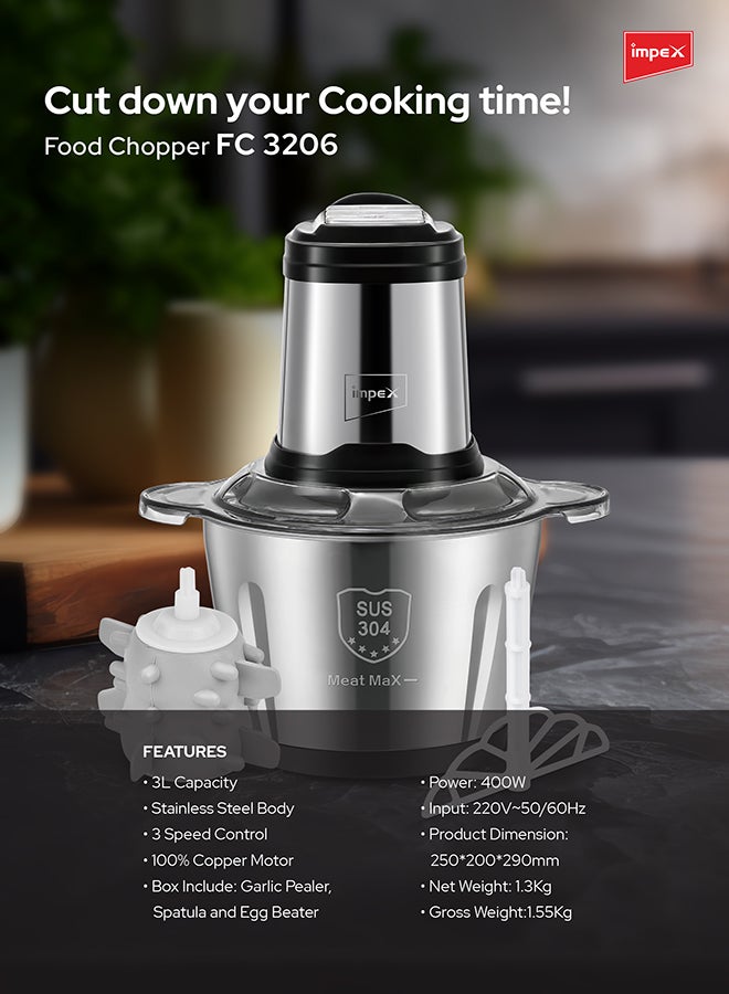 Impex - Electric Food Chopper 3Ltr Food Processor Blender,3 Speed Adjustable Meat Grinder, Stainless Steel Body And 6Pcs Stainless Steel Blade, Multi Food Chopper For Meat, Vegetables, Fruits And Nuts 3 L 400 W FC 3206 Silver - Image 1
