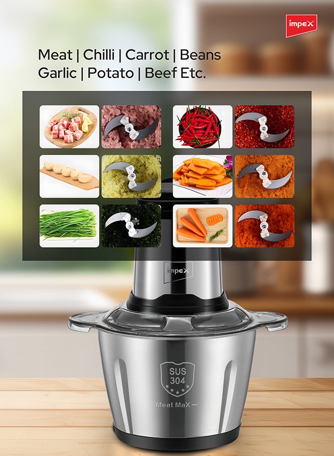 Impex - Electric Food Chopper 3Ltr Food Processor Blender,3 Speed Adjustable Meat Grinder, Stainless Steel Body And 6Pcs Stainless Steel Blade, Multi Food Chopper For Meat, Vegetables, Fruits And Nuts 3 L 400 W FC 3206 Silver - Image 1