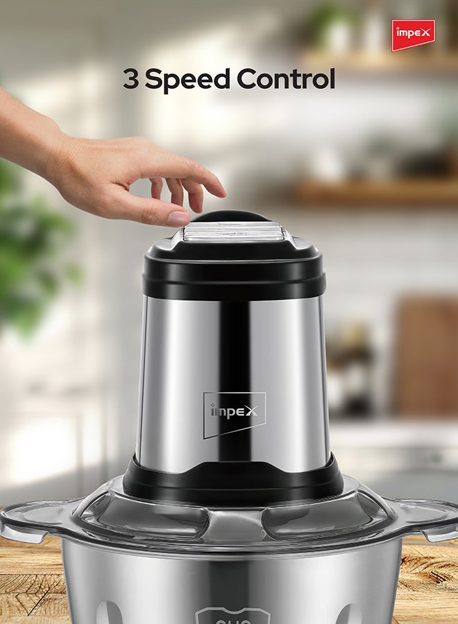Impex - Electric Food Chopper 3Ltr Food Processor Blender,3 Speed Adjustable Meat Grinder, Stainless Steel Body And 6Pcs Stainless Steel Blade, Multi Food Chopper For Meat, Vegetables, Fruits And Nuts 3 L 400 W FC 3206 Silver - Image 1