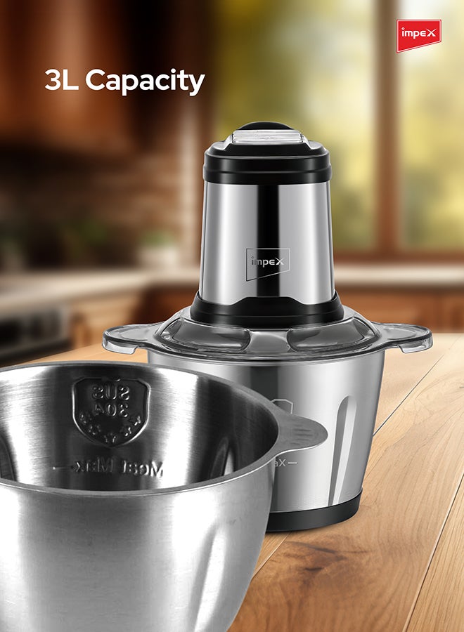 Impex - Electric Food Chopper 3Ltr Food Processor Blender,3 Speed Adjustable Meat Grinder, Stainless Steel Body And 6Pcs Stainless Steel Blade, Multi Food Chopper For Meat, Vegetables, Fruits And Nuts 3 L 400 W FC 3206 Silver - Image 1