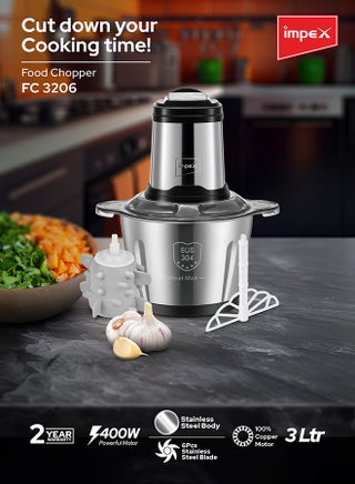 مفرمة طعام كهربائية، خلاط محضر طعام 3 لتر، مفرمة لحوم قابلة للتعديل 3 سرعات، هيكل من الفولاذ المقاوم للصدأ و6 قطع شفرات من الفولاذ المقاوم للصدأ، مفرمة طعام متعددة للحوم والخضروات والفواكه والمكسرات 3 لتر 400 وات FC 3206 فضي - view 2