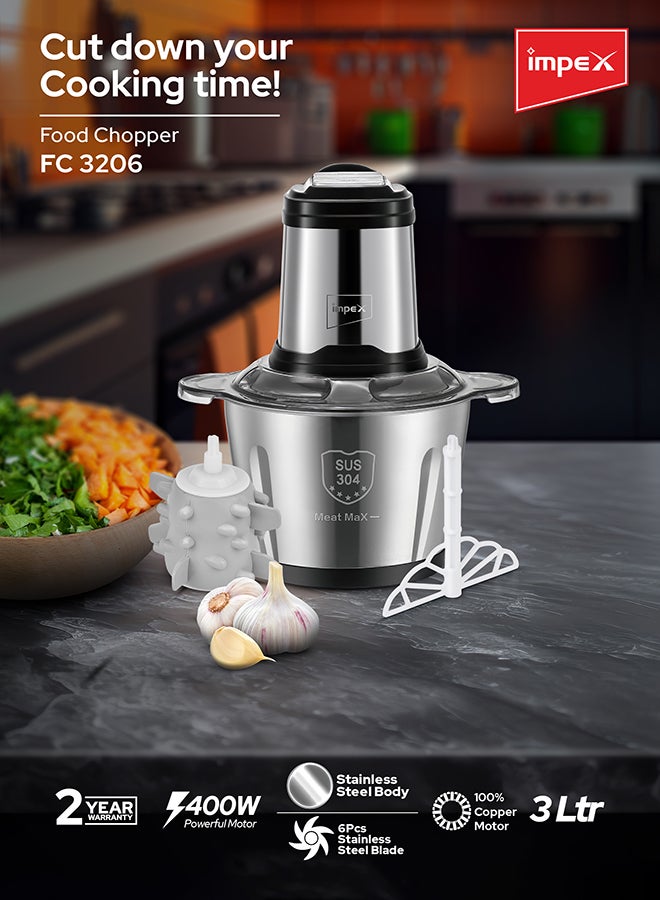 Impex - Electric Food Chopper 3Ltr Food Processor Blender,3 Speed Adjustable Meat Grinder, Stainless Steel Body And 6Pcs Stainless Steel Blade, Multi Food Chopper For Meat, Vegetables, Fruits And Nuts 3 L 400 W FC 3206 Silver - Image 1