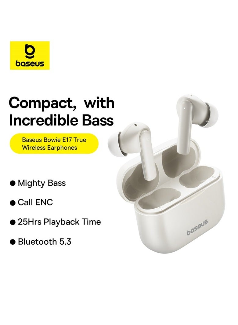 Baseus - Wireless Earbuds Bluetooth 5.3 Bowie E17 Headphone In Ear Earphone ENC Mics Noise Isolation Headset 25H Long Battery Life Fast Charging 12mm Large Driver White - Image 1