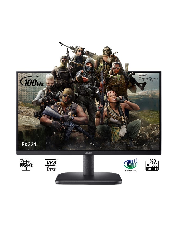 Acer - Essential Monitor | 21.5'' Inch ZeroFrame (1920x1080) FHD, VA Panel Technology, HDMI, VGA With Response Time UpTo 5ms, Refresh Rate 100Hz & AMD FreeSync - EK221Q Black - Image 1