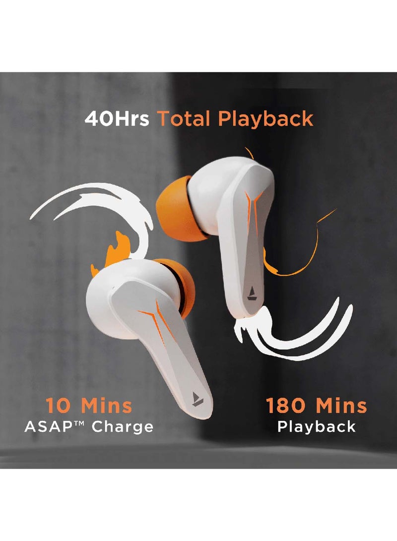 Immortal 121 TWS Earbuds With Beast Mode(40ms Low Latency) For GamIng, 40H Playtime, BlazIng LEDs, Quad Mics ENx Signature Sound, ASAP Charge White Sabre