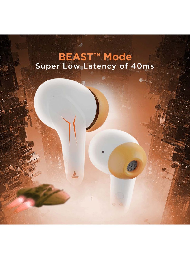 Immortal 121 TWS Earbuds With Beast Mode(40ms Low Latency) For GamIng, 40H Playtime, BlazIng LEDs, Quad Mics ENx Signature Sound, ASAP Charge White Sabre