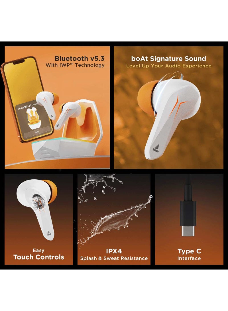 Immortal 121 TWS Earbuds With Beast Mode(40ms Low Latency) For GamIng, 40H Playtime, BlazIng LEDs, Quad Mics ENx Signature Sound, ASAP Charge White Sabre